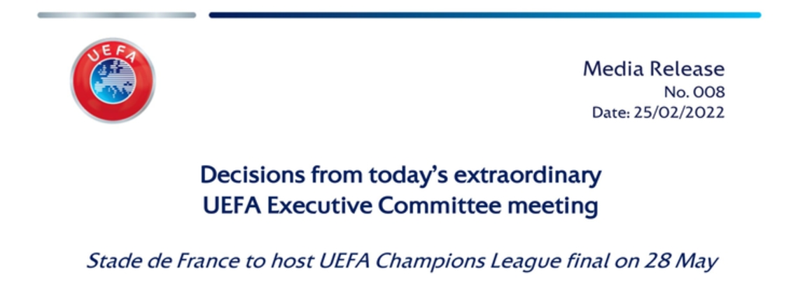 UEFA Decides to Relocate the Final of the Champions League from Russia to France content image